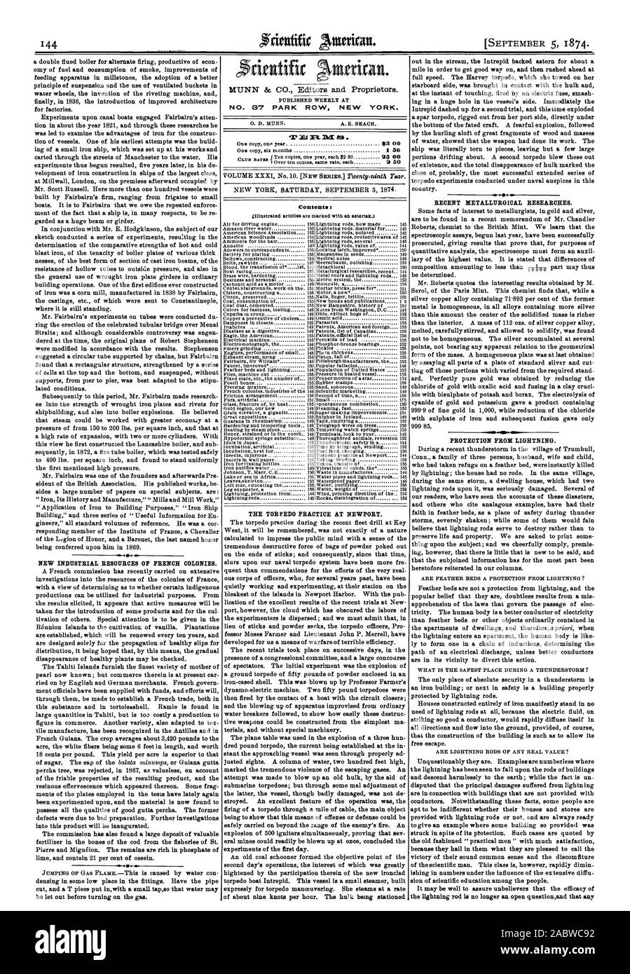 De nouvelles ressources industrielles des colonies françaises. No 87 PARK ROW NEW YORK. ner . 23 O 250. Contenu : LA PRATIQUE D'UNE TORPILLE à Newport. Les récentes recherches métallurgiques. La protection contre la foudre., Scientific American, 1874-09-05 Banque D'Images