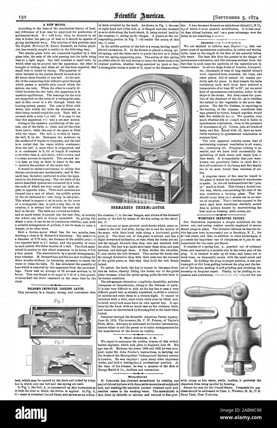 Ensuite séché par chloride de calcium et réduit à 4 fines pow. . Combustion spontanée. chase doit être adressée à Théo. L. Webster, M. M. U.S BERNARDI EST THERNO-DIOTOR, Scientific American, 1874-09-05 Banque D'Images