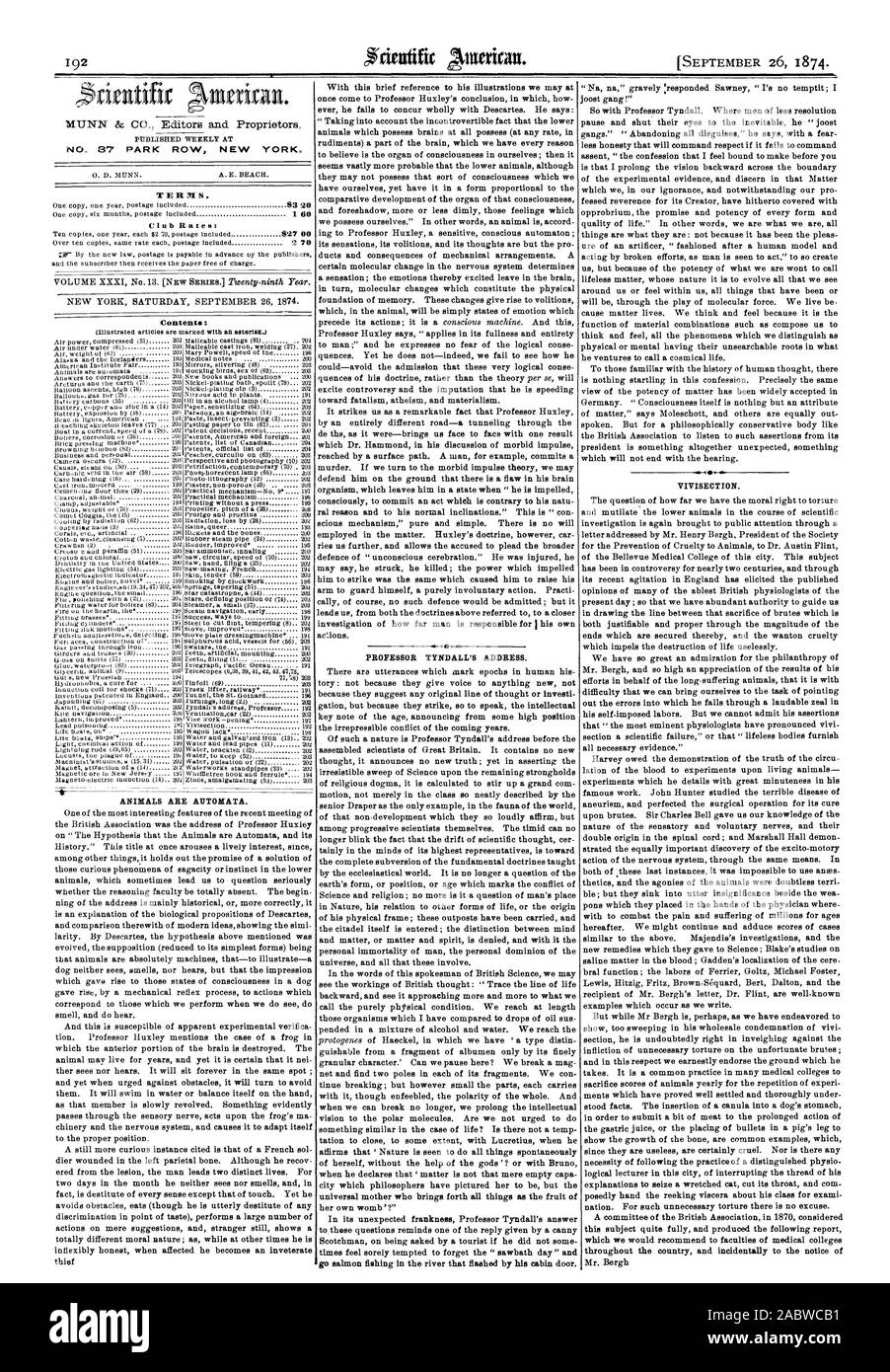 NO 87 PARK ROW NEW YORK. Termes. Les tarifs du club : Contenu : LES ANIMAUX SONT DES AUTOMATES. Le professeur l'adresse TYNDALL. aller pêcher le saumon dans la rivière qui flashé par sa porte de la cabine. La VIVISECTION., Scientific American, 1874-09-26 Banque D'Images