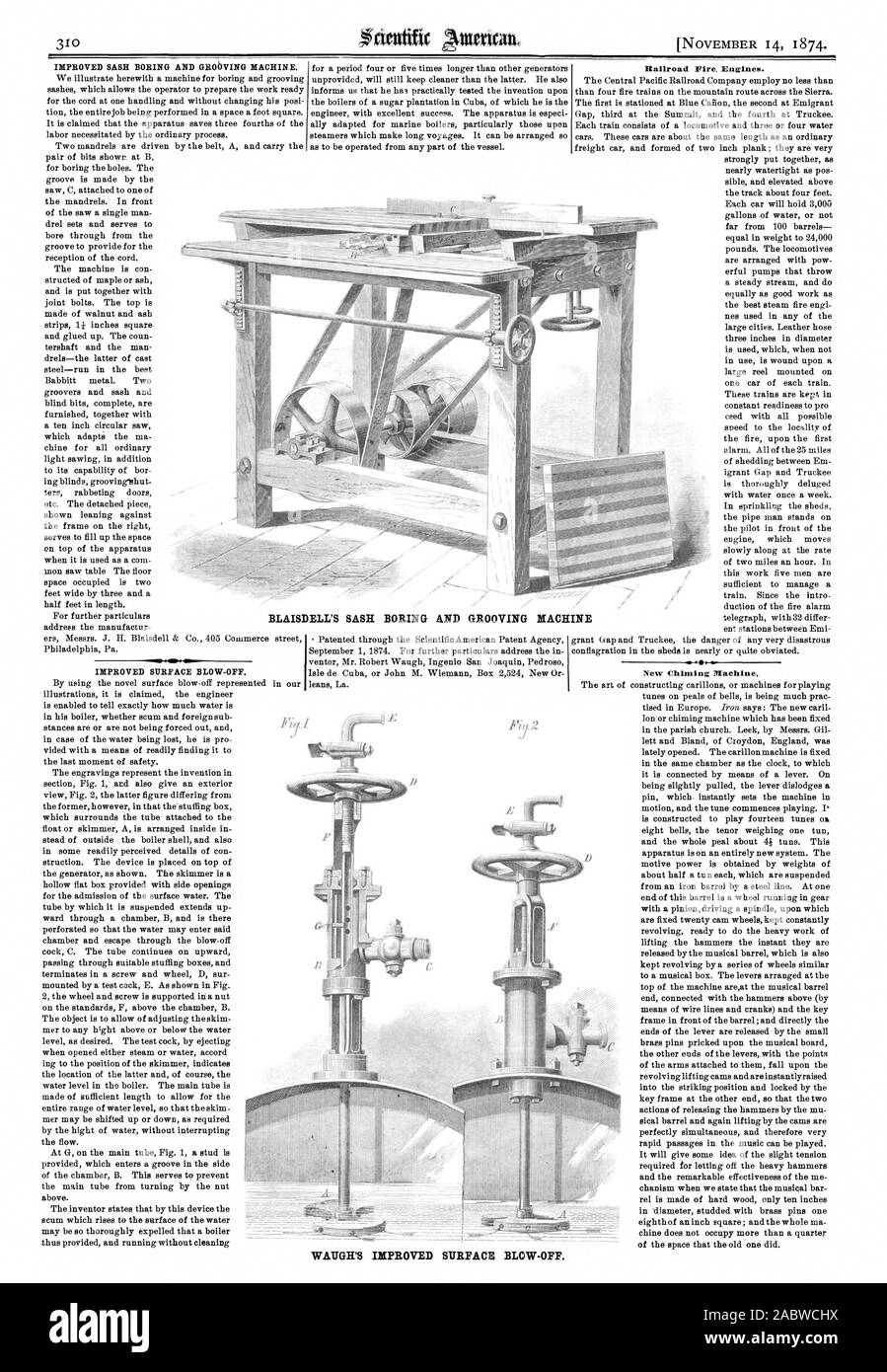 L'AMÉLIORATION DE SASH PLATE ET MACHINES DE rainurage. L'AMÉLIORATION DE LA SURFACE. WAUGH de décompression de surface améliorée. Railroad d'incendie. Nouveau carillon Machine. BLAISDELL'S SASH PLATE ET MACHINES DE RAINURAGE, Scientific American, 1874-11-14 Banque D'Images