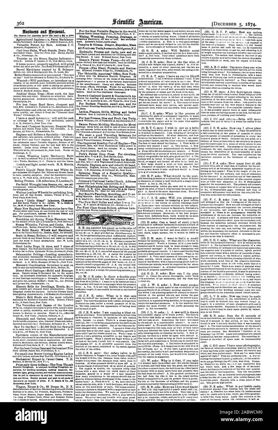 Cond part.tours automatiques et machines pour le polissage des métaux et mais ting. E. Lyon '70 Grand Street New York. Deane's Patent pompe à vapeur-pour tous les Forges-(pur) et le souffle du ventilateur Portable Station de toucher petits boutons sur les bureaux des directeurs des signaux sont envoyés à des personnes dans les différents services de l'établissement. Bon marché et efficace. Bureaux commerces splendide pour les logements. Fonctionne sur n'importe quelle distance. Brown a Coalyard & Carrière ap de l'entrepreneur ell Mass. raboteuses fraiseuses PERCEUSES MULTIBROCHES et Index Pour de meilleurs fruits Presses meurt et outils peuvent, Scientific American, 1874-12-11 Banque D'Images