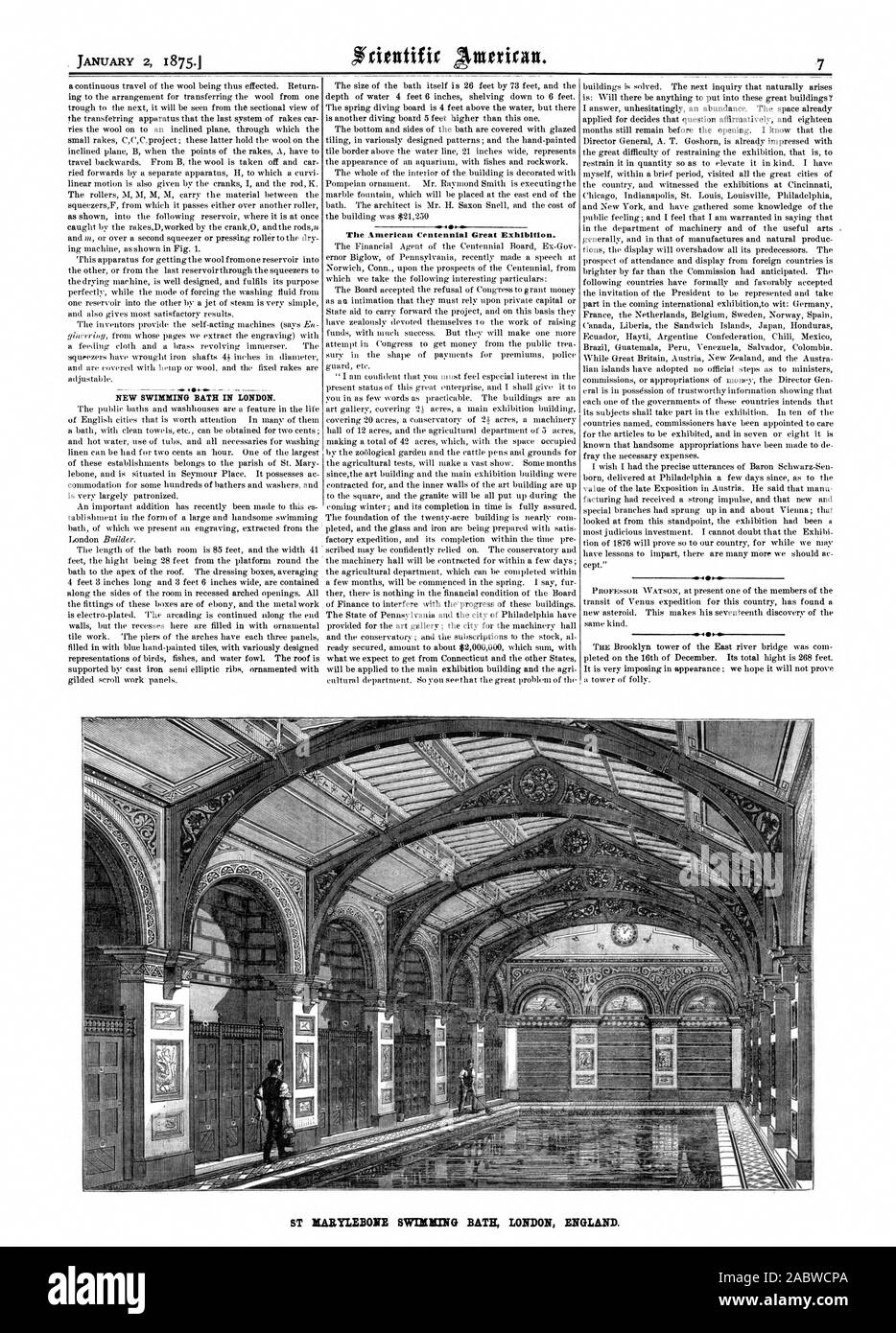 Nouvelle piscine à Londres. La grande exposition du centenaire de l'américain. 4.6 441 BIABYLEBONE BAIGNOIRE PISCINE ST LONDON ANGLETERRE., Scientific American, 1875-01-02 Banque D'Images