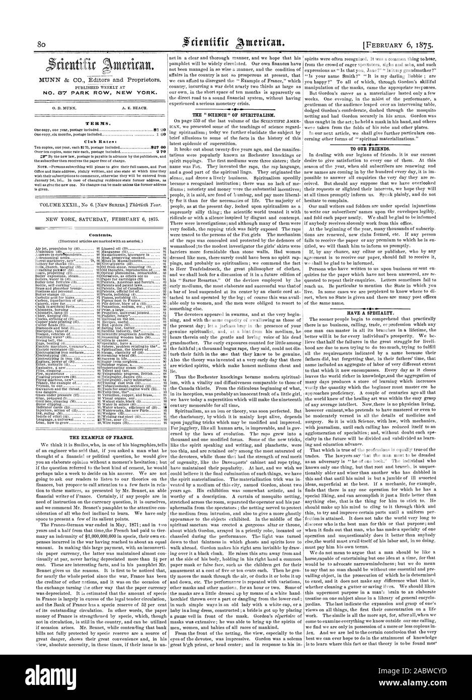 No 87 PARK ROW NEW YORK. Termes. 93 20 1 60 27 00 70 2 matières. L'EXEMPLE DE LA FRANCE. La ' SCIENCE ' du spiritualisme. À NOS AMIS., Scientific American, 1875-02-06 Banque D'Images