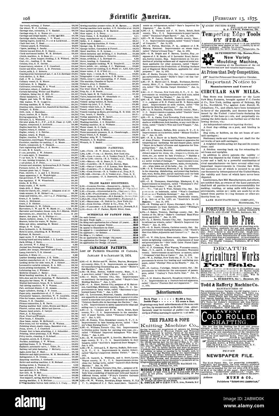 Barème des taxes de brevets. Brevets canadiens. Retour Page 81.00 une ligne. Le pape FRANÇOIS ET MODÈLES POUR L'OFFICE DES BREVETS. Le tempérage outils de pointe par la vapeur. Neil d'être libre. Les travaux agricoles L. Burrows s'y Decatur . N VIEUX journal roulé le Fl. PEMBERTON 26 SQ. RostonHass. Nouvelle machine de moulage par divers fabricants et utilisateurs de, Scientific American, 1875-02-13 Banque D'Images Barème des taxes de brevets. Brevets canadiens. Retour Page 81.00 une ligne. Le pape FRANÇOIS ET MODÈLES POUR L'OFFICE DES BREVETS. Le tempérage outils de pointe par la vapeur. Neil d'être libre. Les travaux agricoles L. Burrows s'y Decatur . N VIEUX journal roulé le Fl. PEMBERTON 26 SQ. RostonHass. Nouvelle machine de moulage par divers fabricants et utilisateurs de, Scientific American, 1875-02-13 Banque D'Images