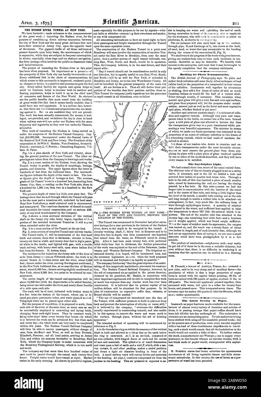 Le tunnel de la rivière Hudson À NEW YORK., Scientific American, 1875-04-03 Banque D'Images