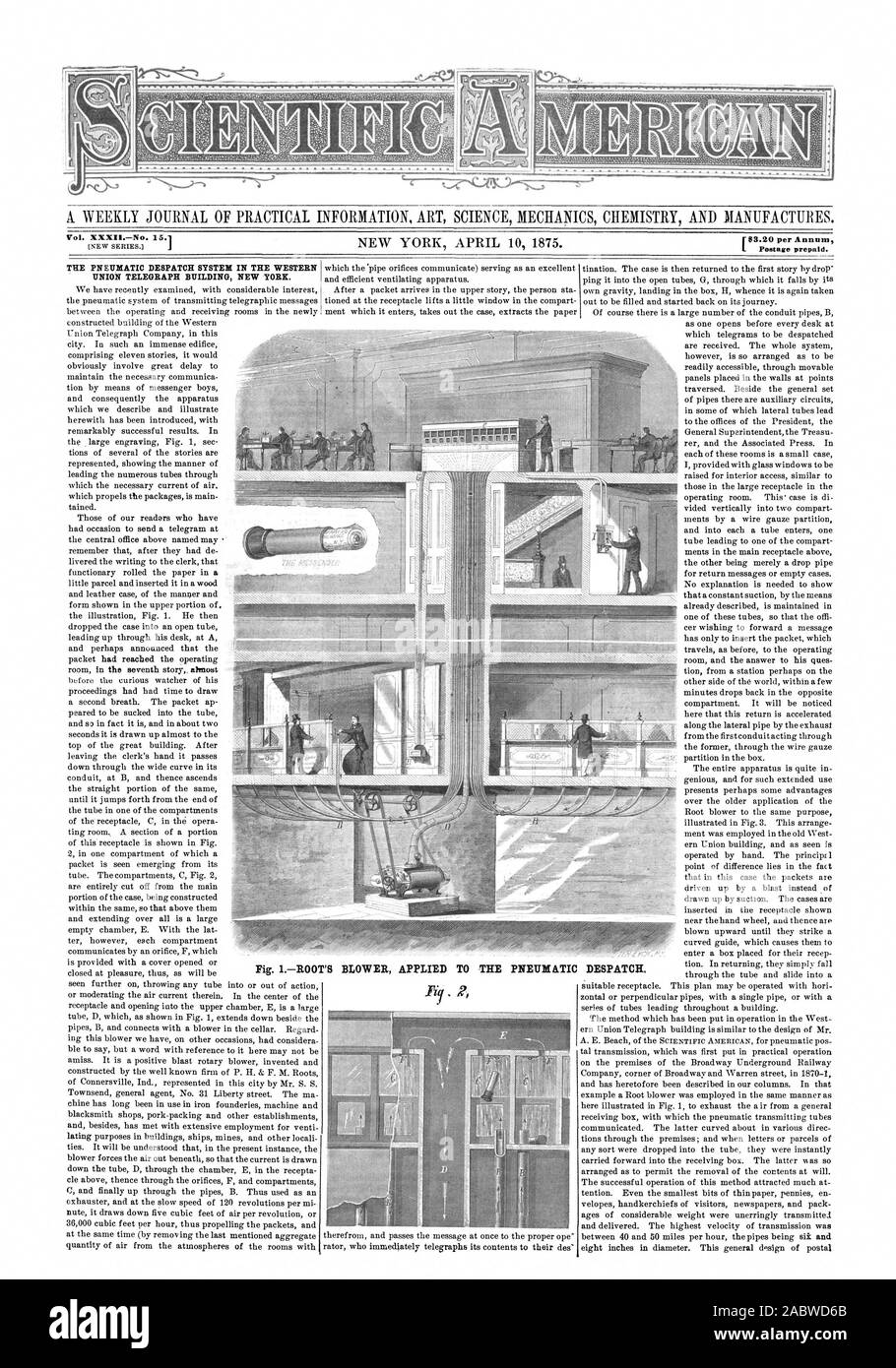 La racine de l'APPLICATION DE LA SOUFFLERIE T ENVOI PNEUMATIQUE, Scientific American, 1875-04-10 Banque D'Images