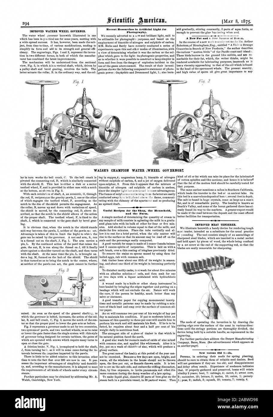 L'AMÉLIORATION DES ROUES WATERR GOUVERNEUR. Recherches récentes dans la lumière artificielle pour la photographie. WALSH'S CHAMPION;EAU VOLANT PAGE D'ERREUR : recettes utiles pour la boutique la maison et la ferme. Amélioration de l'adjudicataire de la viande. Nouveau par rapport aux anciennes graines., Scientific American, 1875-05-08 Banque D'Images