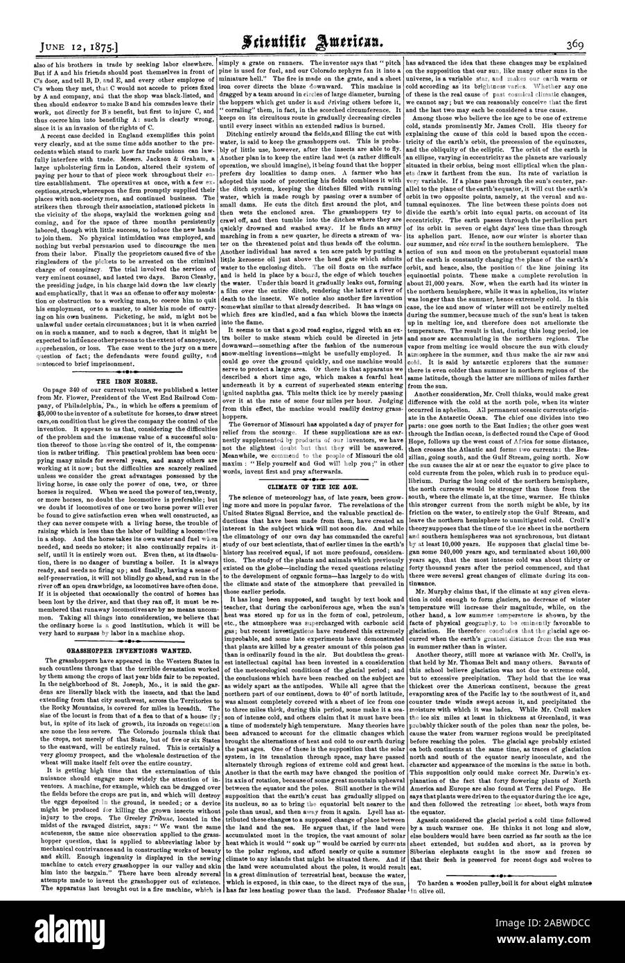 Climat de l'ère glaciaire. Le cheval de fer. 4 INVENTIONS SAUTERELLE VOULAIT., Scientific American, 1875-06-12 Banque D'Images