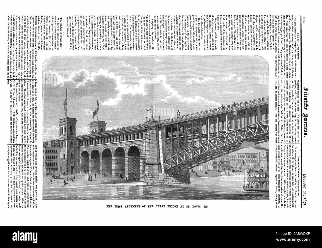 21 août 1875. L'ISMS un réfrigérateur Fisher. Locomotives de chemin de fer magnétique. La culée ouest DU PONT GBEAT AU ST. LOUIS, Scientific American, 1875-08-21 Banque D'Images