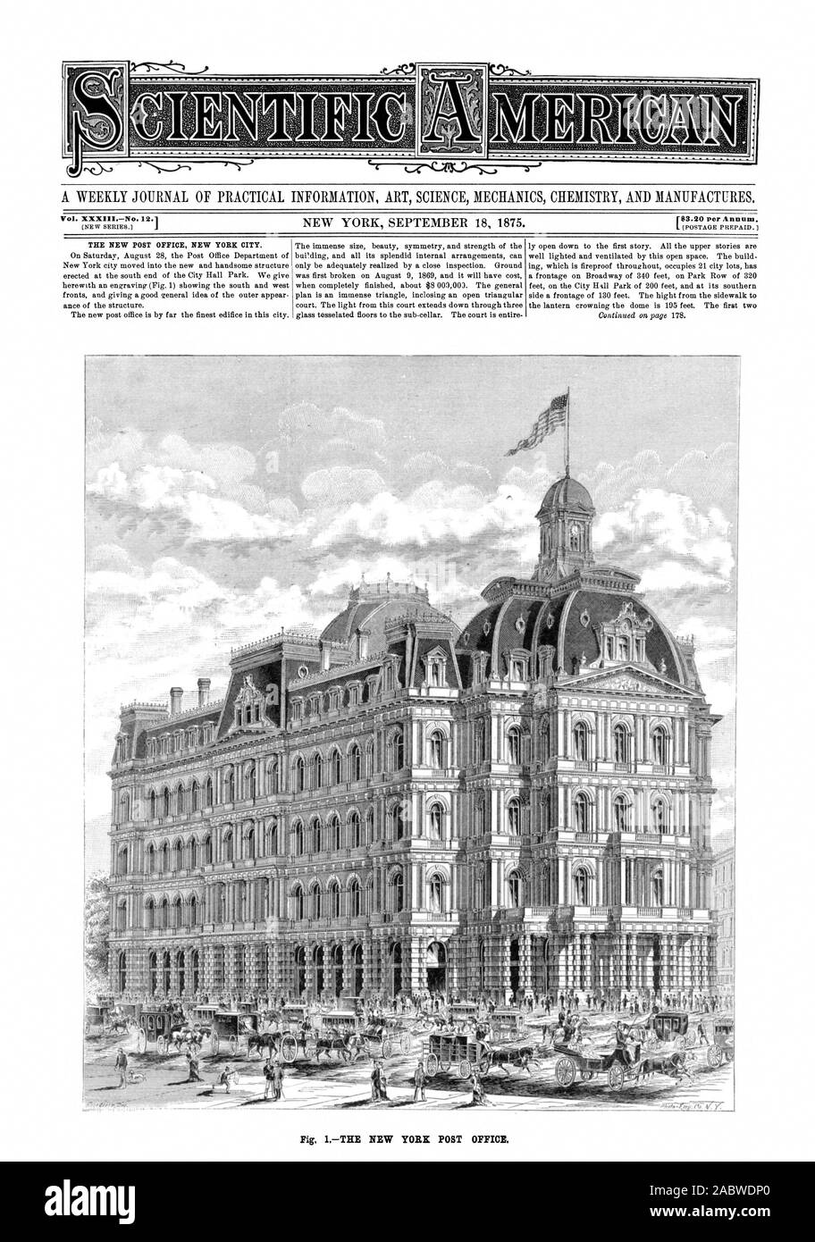 Un journal hebdomadaire D'INFORMATIONS PRATIQUES ART SCIENCE MÉCANIQUE CHIMIE ET PRODUITS MANUFACTURÉS. Vol. XXXNo. 12. 33,20 $ par année. Le NOUVEAU BUREAU DE POSTE LA VILLE DE NEW YORK. Fig 1LE BUREAU DE POSTE DE NEW YORK a, Scientific American, 1875-09-18 Banque D'Images