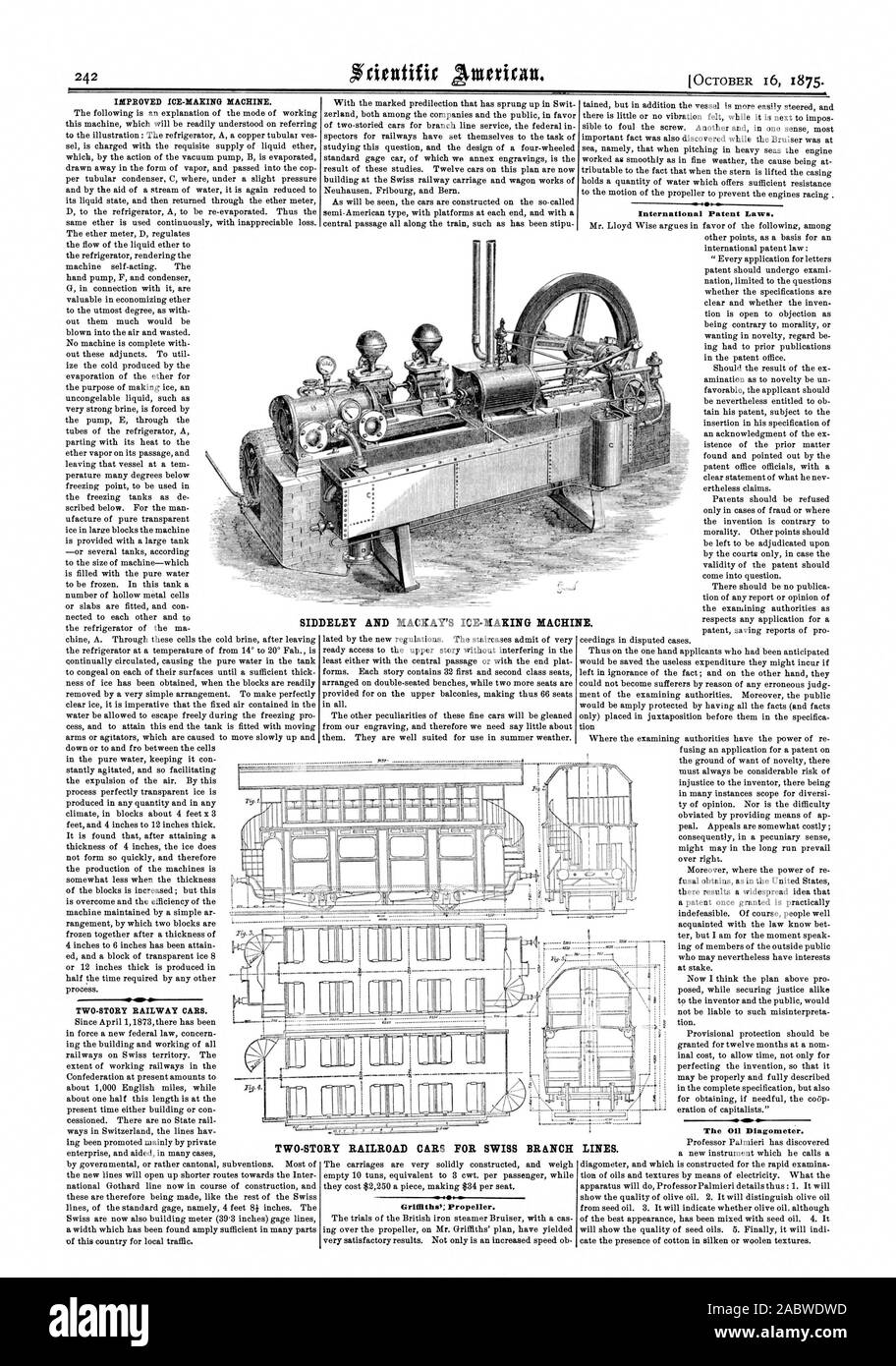 L'AMÉLIORATION DE LA MACHINE DE FABRICATION DE GLACE. 40. Deux étages de voitures de chemin de fer. Griffiths : hélice. Les lois sur les brevets. Le 0 Diagometer. SIDDELEY ET MACKAY'S MACHINE À GLACE. Wagons à deux étages pour SWISS BRANCH LINES., Scientific American, 1875-10-16 Banque D'Images