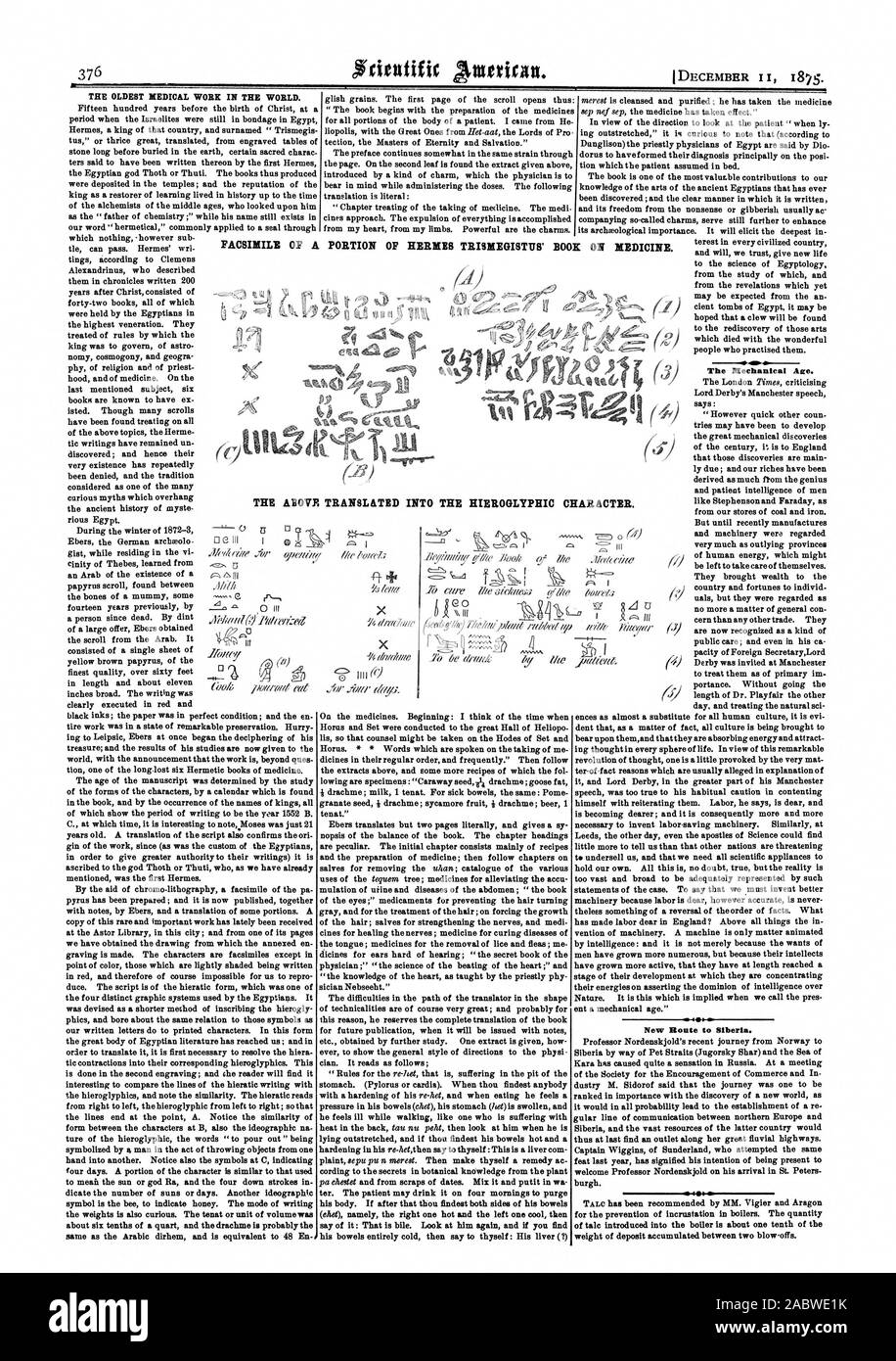 Le PLUS VIEUX TRAVAIL MÉDICAL DANS LE MONDE. L'âge mécanique. Nouvelle route vers la Sibérie. Fac-similé D'UNE PARTIE DE LA BO DES TRISMEGISTIIS HERMES TRADUIT CI-DESSUS G K SUR LA MÉDECINE. Dans les caractères hiéroglyphiques. J', Scientific American, 1875-12-11 Banque D'Images