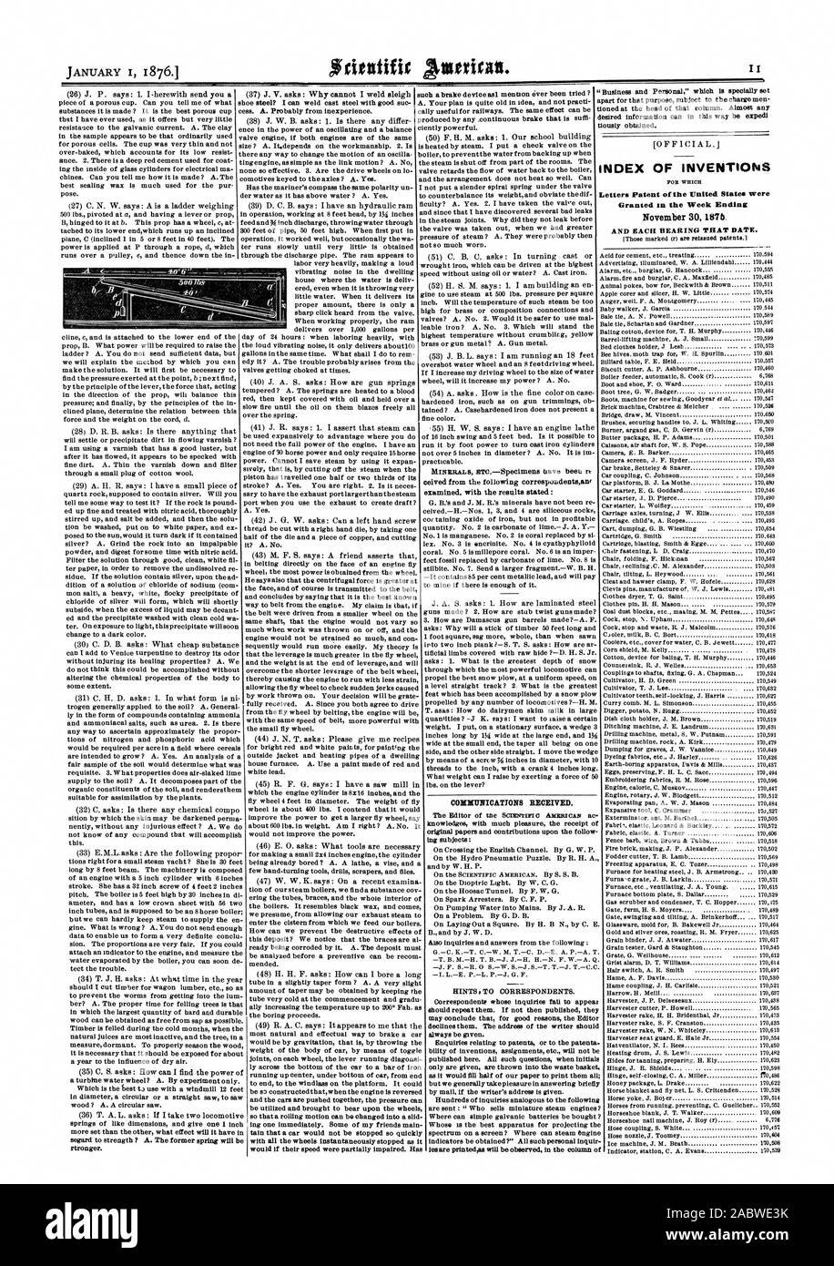 INDEX DES INVENTIONS Lettres patentes de l'United States ont obtenu la de la semaine se terminant le 30 Novembre ISM. Et chaque roulement CETTE DATE., Scientific American, 1876-01-11 Banque D'Images