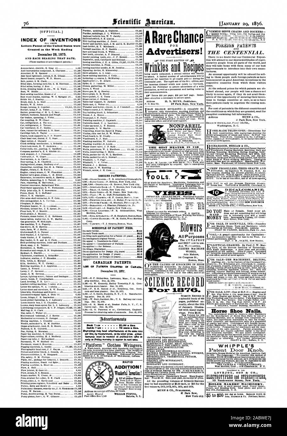 INDEX DES INVENTIONS Lettere patentes de l'United States ont été accordés dans la semaine se terminant le 28 décembre 1875. Et chaque roulement CETTE DATE. Dessins et modèles industriels brevetés. Barème des taxes de brevets. Brevets canadiens. 23 décembre 187t. gktIvatigiontutgi Paso en vrac 1,00 $. Ram 'Plate-forme' Vêtements essoreuses. Plus rapide ! Une occasion rare annonceurs ! Rillklos OUTILS Recettes alli. NTIMMSS. Les surpresseurs toutes les fins des brevets étrangers le centenaire. Des clous de fer à cheval. Brevet de Whipple Bouton de porte. Chaudronniers' MACHINES. fit à $20 E CALCONIAN J E Adresse J. L. ENGRAISSER k CO. l62WIlllem Street New York. Catégorie unique, scientifique Banque D'Images