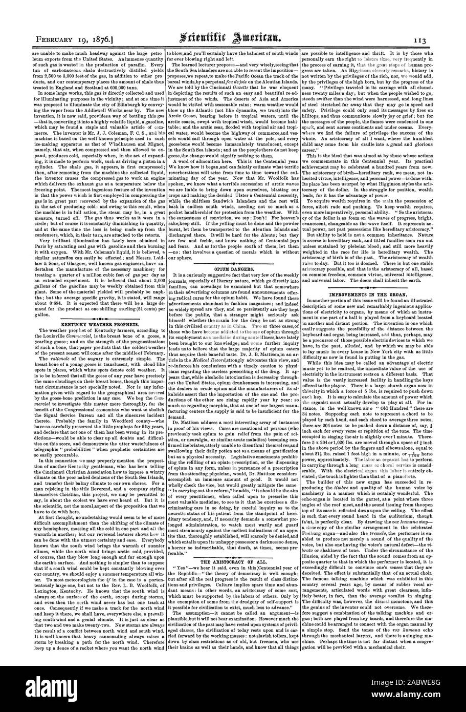 Météo KENTUCKY prophètes. DANGERS DE L'opium. . L'aristocratie de tous. L'AMÉLIORATION DE L'ORGUE., Scientific American, 1876-02-19 Banque D'Images