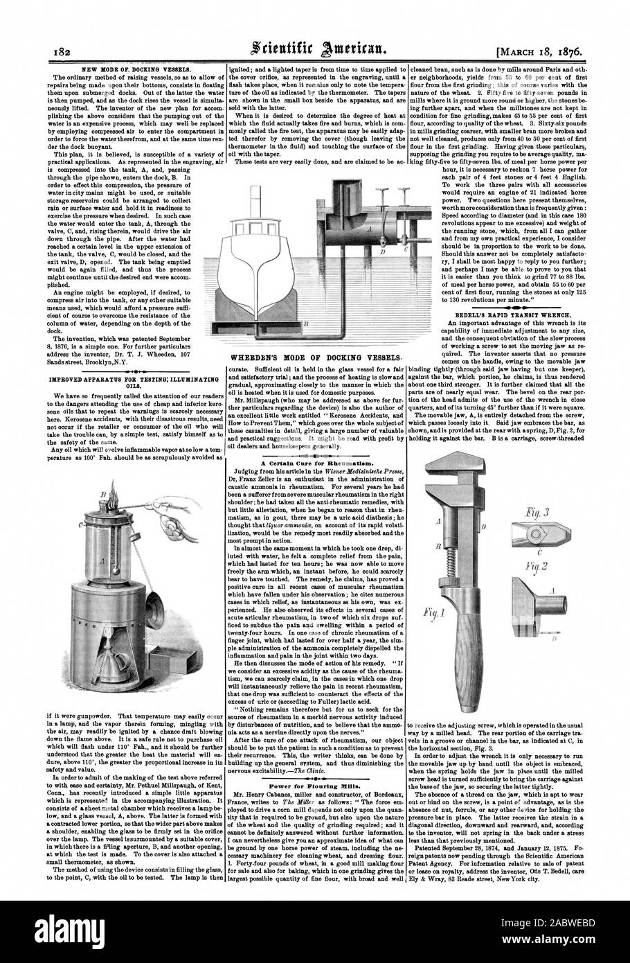 Nouveau mode de navires Amarrage. L'AMÉLIORATION DES APPAREILS D'ESSAI : huiles d'éclairage. MODE D'WHEEDEN NAVIRES D'. Un certain remède pour les rhumatismes. Pour pouvoir Flouring Mills. BEDELL'S RAPID TRANSIT CLÉ., Scientific American, 1876-03-18 Banque D'Images