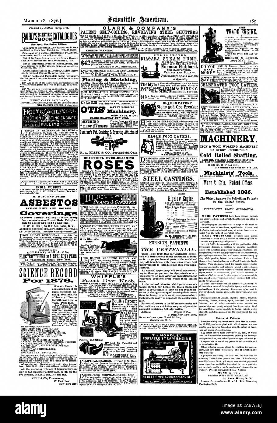 Pour l'utilisation de l'amiante-FeltOcc cheveux bordée. peut être facilement appliquée par l'un. H. W. JOHNS 87 Maiden Lane N.Y. LOVEJOY FILS dc CO. Vatulewater Street New York. Dossier SCIENCES [Fox G. Créé en 1846. La plus ancienne pour solliciter de l'Agence Contenu des brevets aux États-Unis. Conies de brevets. MUNN À COMMERCE CO. MOTEUR. HERRMAN & BERCI:LE& veulent chose pour les amateurs de Whipple et arti moulages d'acier. BLAKE'S PATENT LIVRE DES MACHINES. Fer ET MACHINES DE TOUTES SORTES. L'arbre de laminés à froid. Poulies pour courroies ACCOUPLEMENTS CINTRES GEORGE place des outils des mécaniciens, Scientific American, 1876-03-18 Banque D'Images