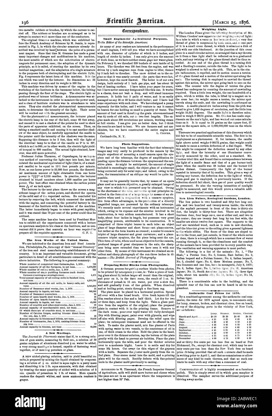 Les travaux de fer des États-Unis. Un nouveau phénomène. rend le dépôt plus blanche et plus d'ammoniac rend plus gris. Les petits moteurs à des fins agricoles. Suggestions de photos. La préparation des blocs de croyance à partir de photographies. D'un poids léger. L'ien Lion Palace Zoological Gardens Londres., Scientific American, 1876-03-25 Banque D'Images
