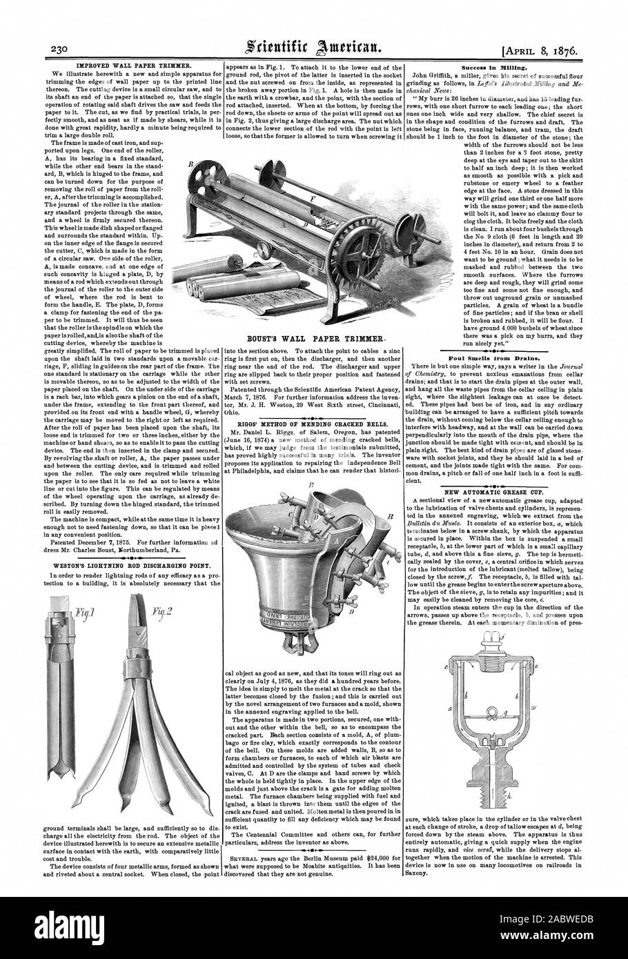 Mur coupe-papier améliorée. WESTON'S PARATONNERRE L'EXERCICE DE RAPPEL. De BOUT DE PAPIER MASSICOT. La MÉTHODE DE GUÉRISON RIGGS CLOCHES fissurée. Le succès dans la mouture. Odeur fétide draine les ressources ciblées. Nouvelle COUPE DE GRAISSE AUTOMATIQUE., Scientific American, 1876-04-08 Banque D'Images