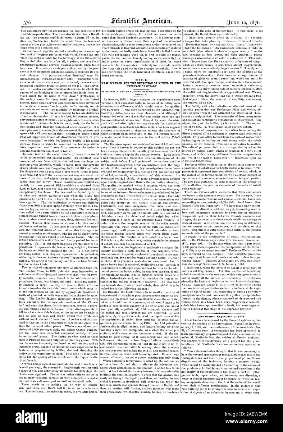 L'exposition française de 1878. Présence de cobalt. Par MALVERN W. ILES. PR.B. SCHOOL OF MINES COLUMBIA COLLEGE NEW YORK., Scientific American, 1876-06-10 Banque D'Images