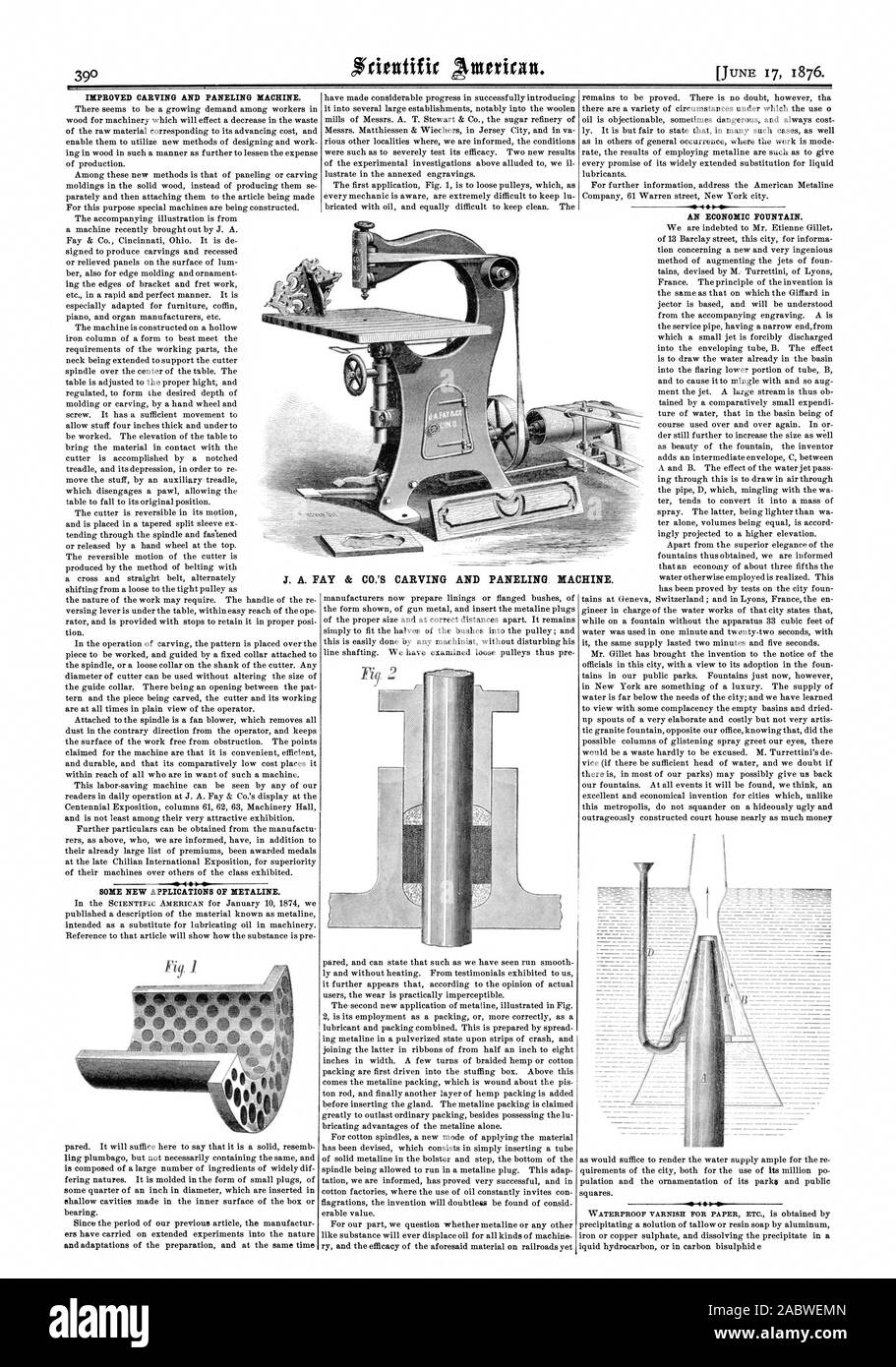 L'AMÉLIORATION DE LA SCULPTURE ET DE L'ÉCORCE DE LA MACHINE. De nouvelles applications Vb d'XETALINE. Une fontaine économique. 1 eigi J. A. FAY & CO. ET LA SCULPTURE d'un lambris. MACHINE., Scientific American, 1876-06-17 Banque D'Images