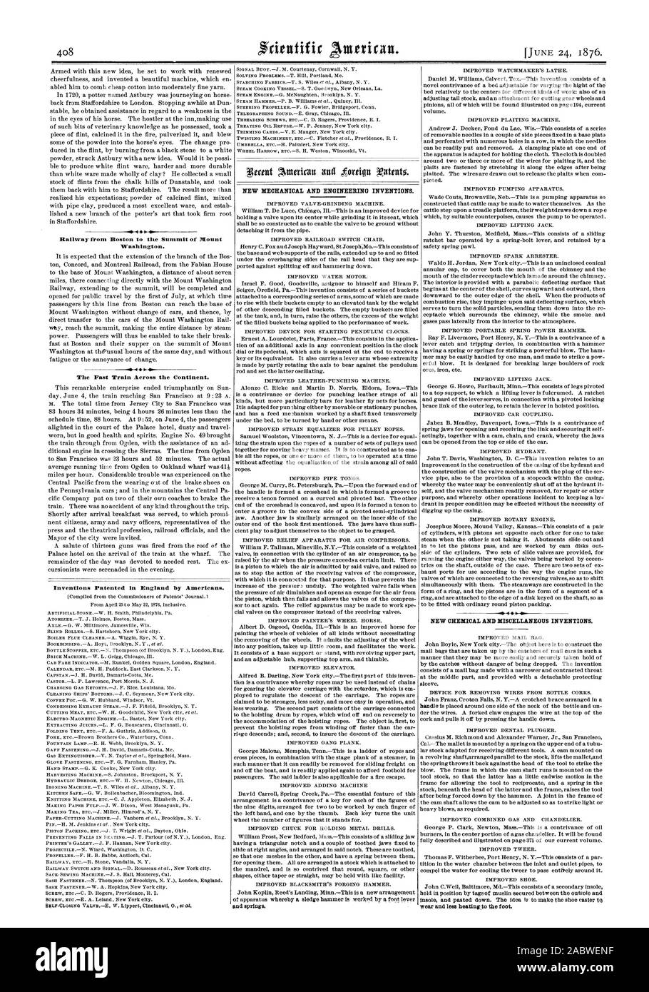 Chemin de fer de Boston pour le sommet du mont Washington. De nouvelles inventions et de l'ingénierie mécanique. Le train rapide à travers le continent. Inventions brevetées en Angleterre par les Américains. et les ressorts des substances chimiques nouvelles et diverses inventions., Scientific American, 1876-06-24 Banque D'Images