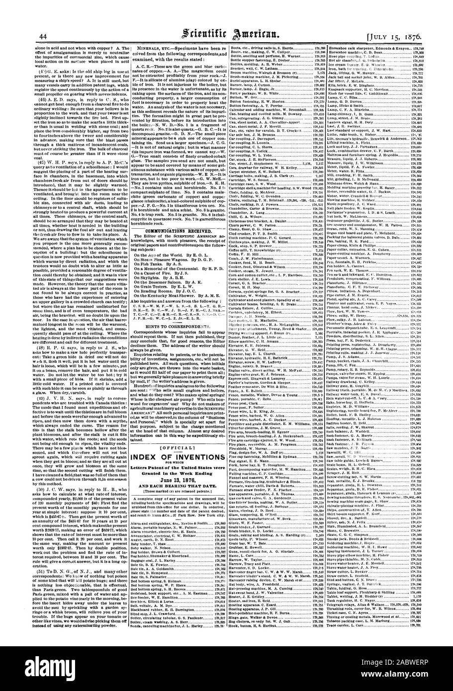 Seul dans l'acide et non pas quand le cuivre ? A. LES COMMUNICATIONS REÇUES. INDEX DES INVENTIONS Lettres patentes de l'United States ont été accordés dans la semaine se terminant le 13 juin 1876 et chaque roulement CETTE DATE., Scientific American, 1876-07-15 Banque D'Images