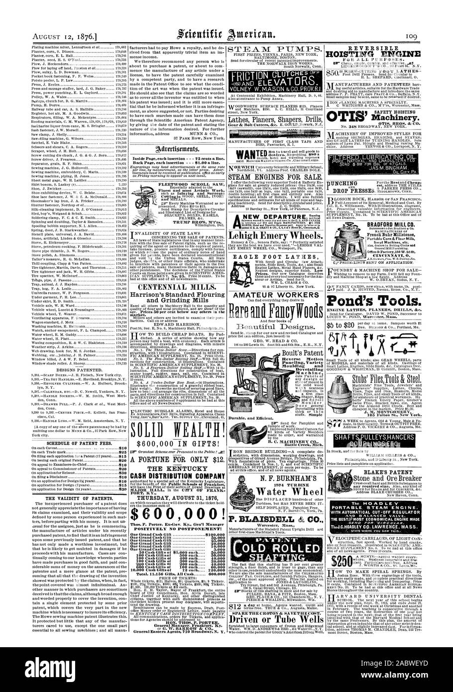 Barème des taxes de brevets. La validité des brevets. Adurrtionnot  % Page intérieure chaque insertion - 75 cents la ligne. Retour Page chaque insertion - 1,00 $ par ligne. Moulins du centenaire. Harrison's Standard Flouring Broyeurs et marché. 600000 $ en cadeaux ! Une fortune pour seulement $12. La SOCIÉTÉ DE DISTRIBUTION EN ESPÈCES DU KENTUCKY JEUDI 31 AOÛT 1876 600000 ! Thos. P. Porter Ex-Gov. Ky. Gen'l Manager POSITIVEMENT AUCUN REPORT ! Un grand cadeau d'argent comptant $100000 Un grand cadeau en argent 50000 Un grand cadeau en argent 25000 Un grand cadeau en argent 20000 Qne Grand cadeau en argent 10000 Un grand cadeau en argent 5000 50 les dons en espèces de 1 000 $ chacun. Banque D'Images