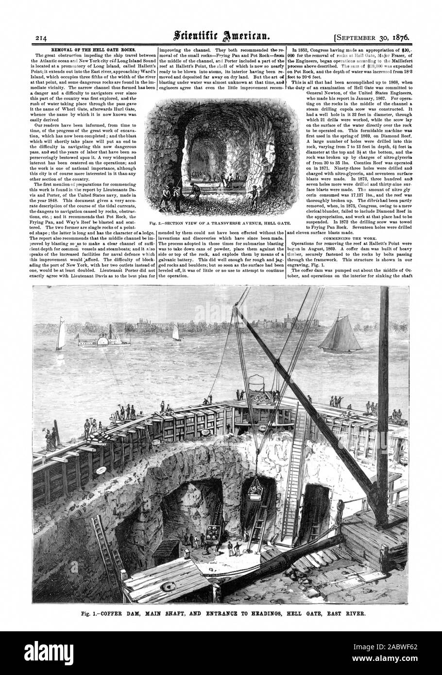 Suppression de la porte de l'ENFER DES ROCHES. Les ingénieurs a commencé ses activités en fonction de l'Maillefert Fig. I.-BATARDEAU ARBRE PRINCIPAL ET L'ENTRÉE AUX POSITIONS HELL GATE EAST RIVER., Scientific American, 1876-09-30 Banque D'Images