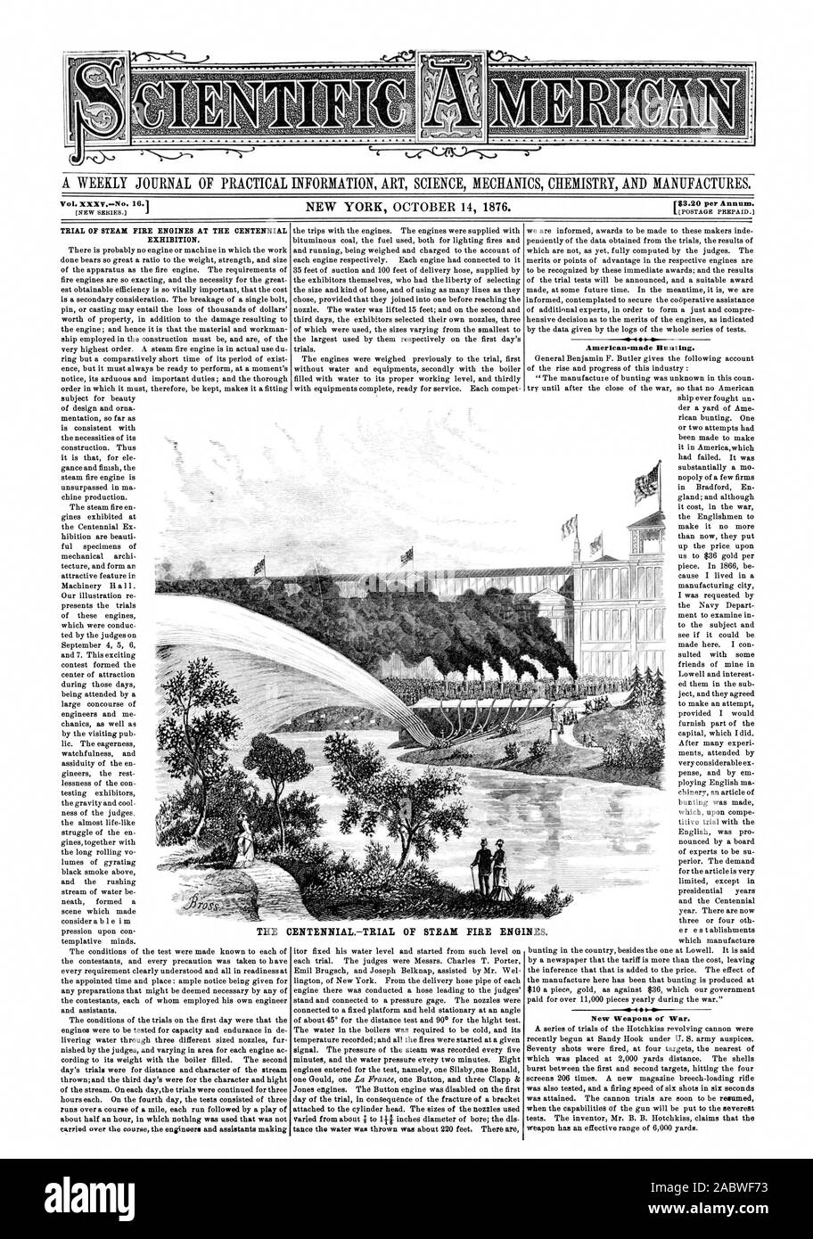 Un journal hebdomadaire d'DTFORMATION ART SCIENCE MÉCANIQUE CHIMIE ET MANUFACTURES. r$3,20 par an. Bunting de fabrication américaine. De nouvelles armes de guerre. Le CENTENNIALTRIAL DE POMPIERS À VAPEUR, Scientific American, 1876-10-14 Banque D'Images