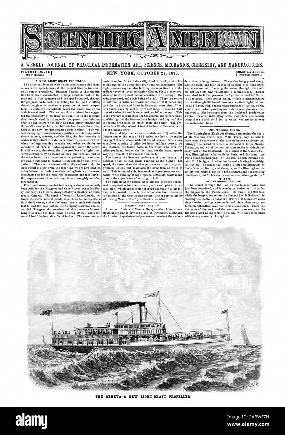 Un journal hebdomadaire D'INFORMATIONS PRATIQUES ART SCIENCE MÉCANIQUE CHIMIE ET PRODUITS MANUFACTURÉS. [Nouvelle série. 183,20 $ par année. Un éclairage NOUVEAU PROJET D'HÉLICE. Anglais d'incendie. M. Thomas Fearn. Tunnel de San Fernando. La lumière d'UN NOUVEAU PROJET D'HÉLICE., Scientific American, 1876-10-21 Banque D'Images