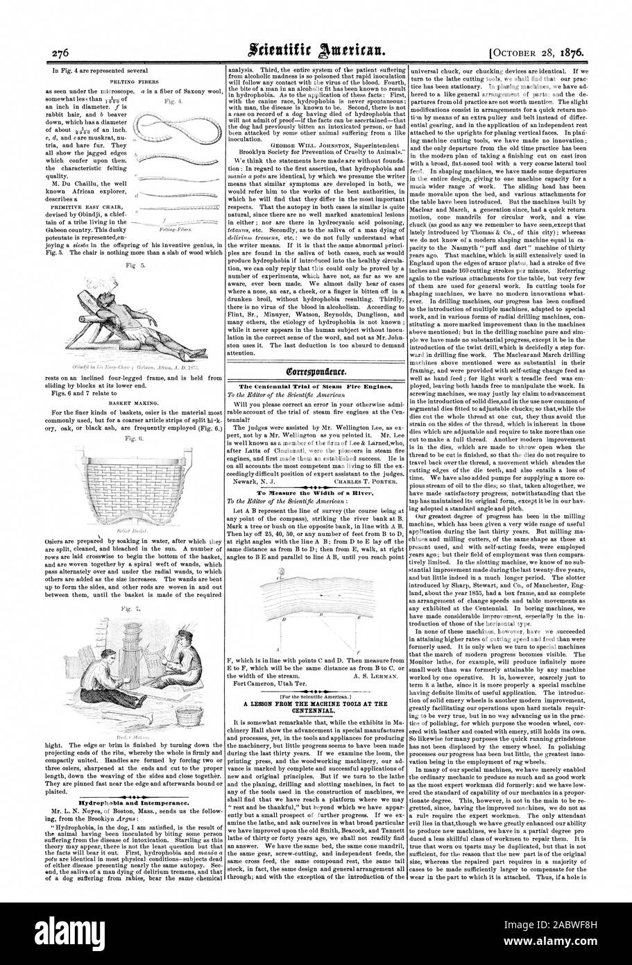 28 octobre 1876. L'hydrophobie et de l'intempérance. Le procès du centenaire de la vapeur d'incendie. Il P pour mesurer la largeur d'une rivière. Une leçon de la PROM MACHINES-OUTILS À L'OCCASION DU CENTENAIRE., Scientific American, 1876-10-28 Banque D'Images