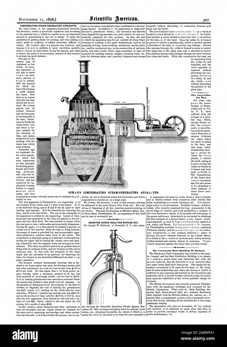 Appareil de production de vapeur de compensation. Un INPAZ K9 : tondre le VISON AMÉLIORATION DE LA TÊTE DE SIPHON POUR BOUTEILLES. ETC. Le tapis manger. ing Bug. Le bâtiment principal du centenaire de rester. Tuyau de vapeur PIPS COWAN, l'INDEMNISATION DES APPAREILS DE PRODUCTION DE VAPEUR., Scientific American, 1876-11-11 Banque D'Images
