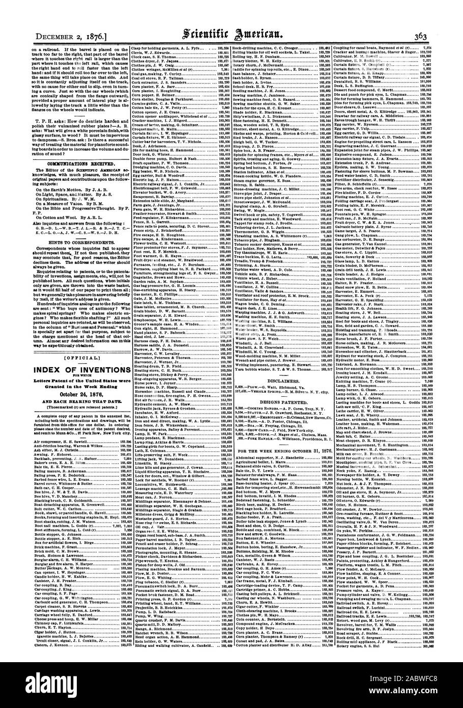 COMITIPICATIONS REÇU. La version officielle. INDEX DES INVENTIONS Lettres patentes de l'United States ont été accordés dans la semaine se terminant le 24 octobre 1876 et chaque roulement CETTE DATE., Scientific American, 1876-12-02 Banque D'Images COMITIPICATIONS REÇU. La version officielle. INDEX DES INVENTIONS Lettres patentes de l'United States ont été accordés dans la semaine se terminant le 24 octobre 1876 et chaque roulement CETTE DATE., Scientific American, 1876-12-02 Banque D'Images