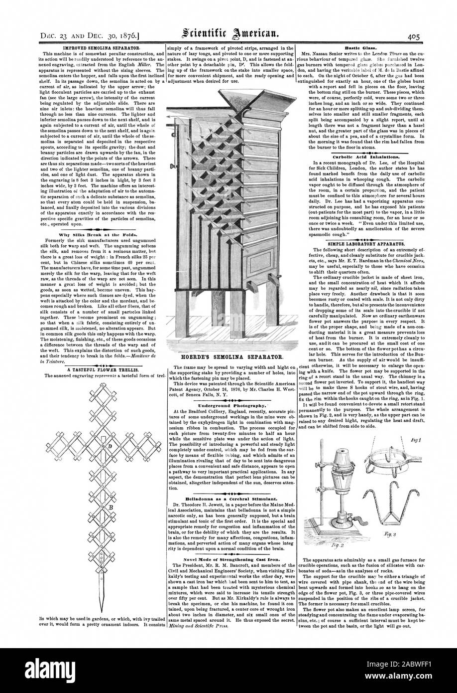 Déc. 23 et déc. 30 1876. L'AMÉLIORATION DE LA SEMOULE DE BATTAGE. Pourquoi la soie Pause au plis. Un treillis de fleurs de bon goût. La photographie souterraine. Belladonna comme un stimulant cérébral. Nouveau mode de renforcement de la Fonte. Rigole de verre. L'acide carbolique inhalations. -1910 SIMPLE APPAREIL DE LABORATOIRE. -   - HOERDE SEMOULE DU SÉPARATEUR., Scientific American, 1876-12-23 Banque D'Images
