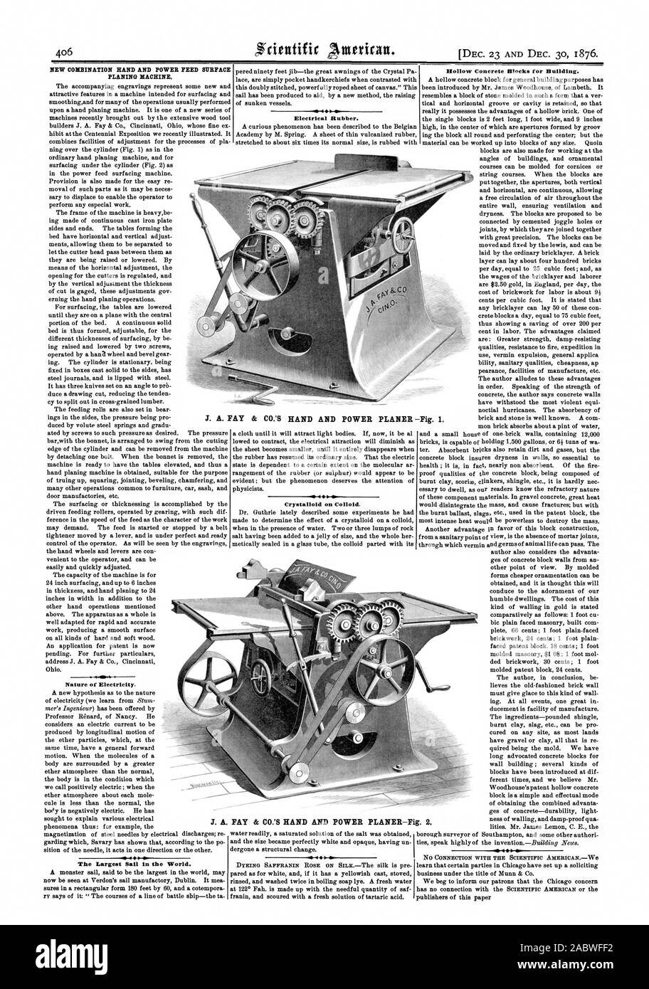 406 31 déc. 23 et déc. 30 1876. 4. Nature de l'électricité. i. 0 La plus grande voile dans le monde. Colloïdes cristalloïdes sur. Caoutchouc électrique. Les blocs de béton creux pour la construction., Scientific American, 1876-12-23 Banque D'Images