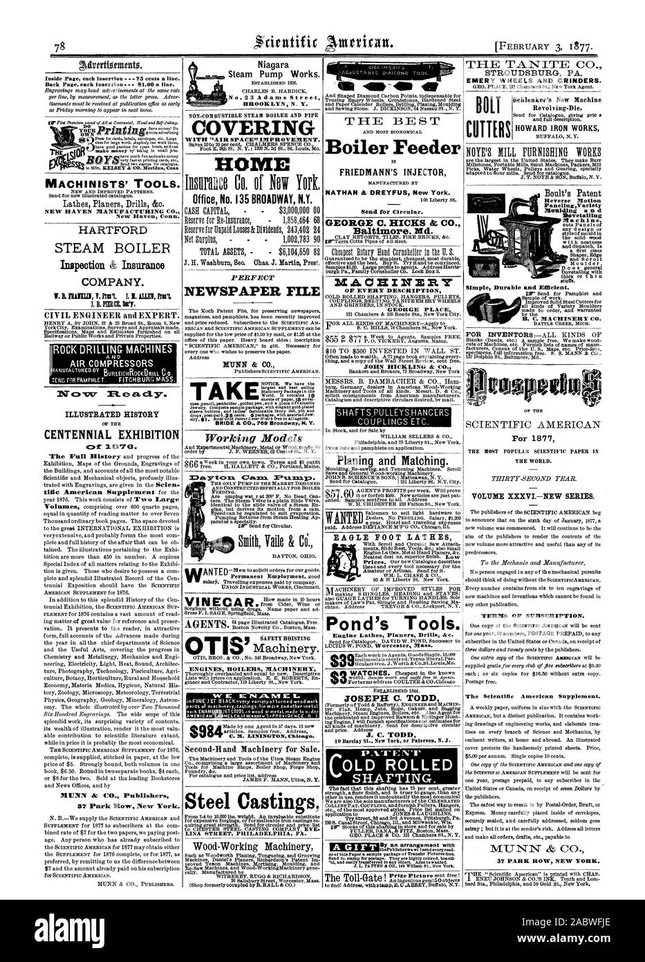 Page intérieure chaque insertion - 75 cents la ligne. Retour Page chaque insertion - 61.00 une ligne. R D 'OUTILS DES MÉCANICIENS. NEW HAVEN MANUFACTURING CO. New Haven Connecticut Hartford Steam Boiler Inspection & Compagnie d'assurance. O. B. MH C. Pro  % J. I. ALLEI Pon J. B. PERS. UM INGÉNIEUR CIVIL ET D'EXPERT. MACHINES DE FORAGE ILLUSTRATED HISTORY CENTENNIAL EXHIBITION C:01' 10'78. MUNN à 37 Park Row Publishers Co. à New York. La pompe à vapeur Niagara fonctionne. N° 23 Adams Street BROOKLYN N. Y. CHAUDIÈRE À VAPEUR NON COMBUSTIBLE ET HOME JOURNAL PARFAIT POUR ELLE 3rt cs33. La confiture. Pit.323. Machines de levage de sécurité Banque D'Images