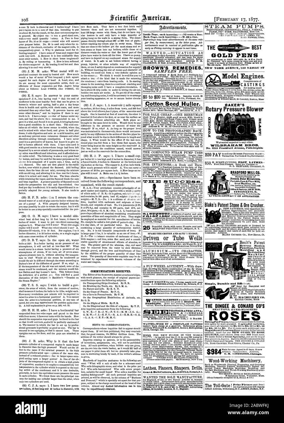 Les communications reçues. Recours du brun. L'Huller de graines de coton. Conduit ou puits du tube LE MEILLEUR DES STYLOS D'OR AGENCE DE NEW YORK 100 moteurs Modèle ST NASSAU. CASTINGS BAKER'S Rotary Soufflante Blake's Patent & Pierre concasseur de minerai. Mouvement inverse PanelingVariety n d'un moulage Machine à faire. Une simple et efficace. B. C. CO. LE DINGEE & CONARD CO'S BEAU JAMAIS SES FLEURS-C. M. LININGTON Chicago. BRADFORD MILL CO. Bureau Pactory Français Buhr Meules.158 W. couvercle St. CINCINNATI 0. FPRICA:SII'-LIBTEI REFOULÉES SUR DEMANDE. gat T-T . CCEgat, Scientific American, 1877-02-17 Banque D'Images