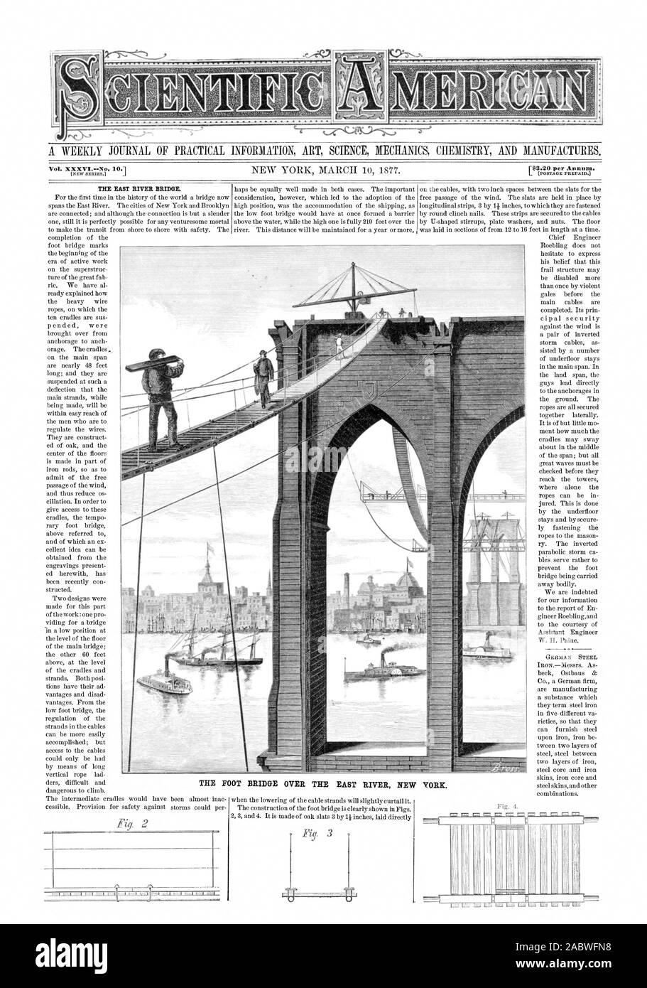 Tome XXXVI.--NO 10.1 L'EAST RIVER BRIDGE. Le PIED PONT SUR L'EAST RIVER, NEW YORK., Scientific American, 1877-03-10 Banque D'Images