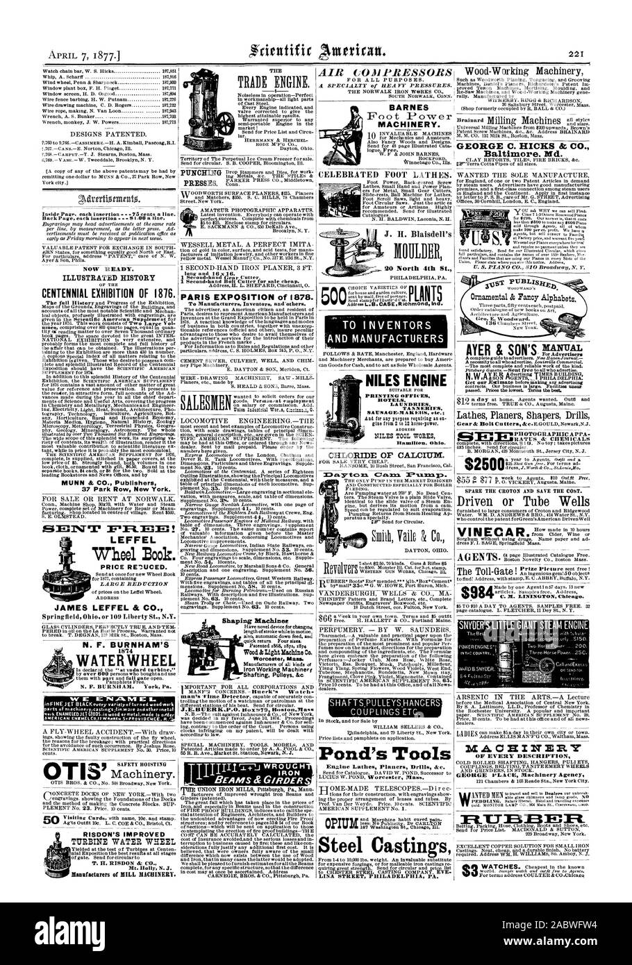 RSNYDER WARD. Un mouleur ac 20 4e Rue Nord AUX INVENTEURS ET FABRICANTS NILES ENGINE CONVIENT POUR L'IMPRESSION DE BUREAUX hôtels. Les lavoirs TANN SAUCISSE CRIS:4S A K Cita rte. ; Les gins de 2 à 12 puissance de corne. Ifamilton adresse. L'Ohio. ROCKFORD $3, Scientific American, 1877-04-07 Banque D'Images