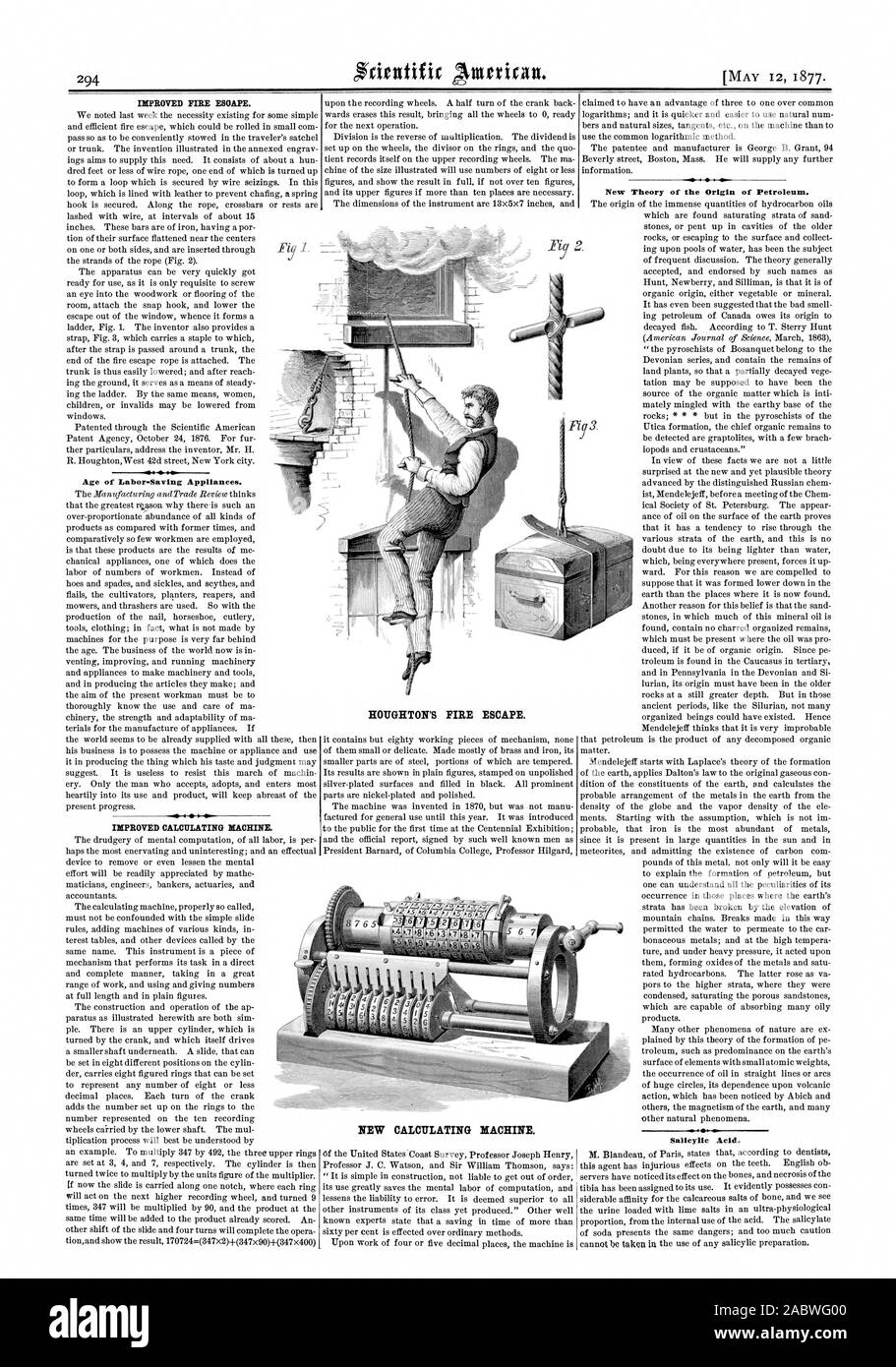 ESOAPE FEU REPRIT. Âge de Labor-Saving les appareils. Amélioration de la machine à calculer. Nouvelle théorie de l'origine du pétrole. L'acide salicylique. La verge d'un escalier de secours. Nouvelle machine à calculer., Scientific American, 1877-05-12 Banque D'Images