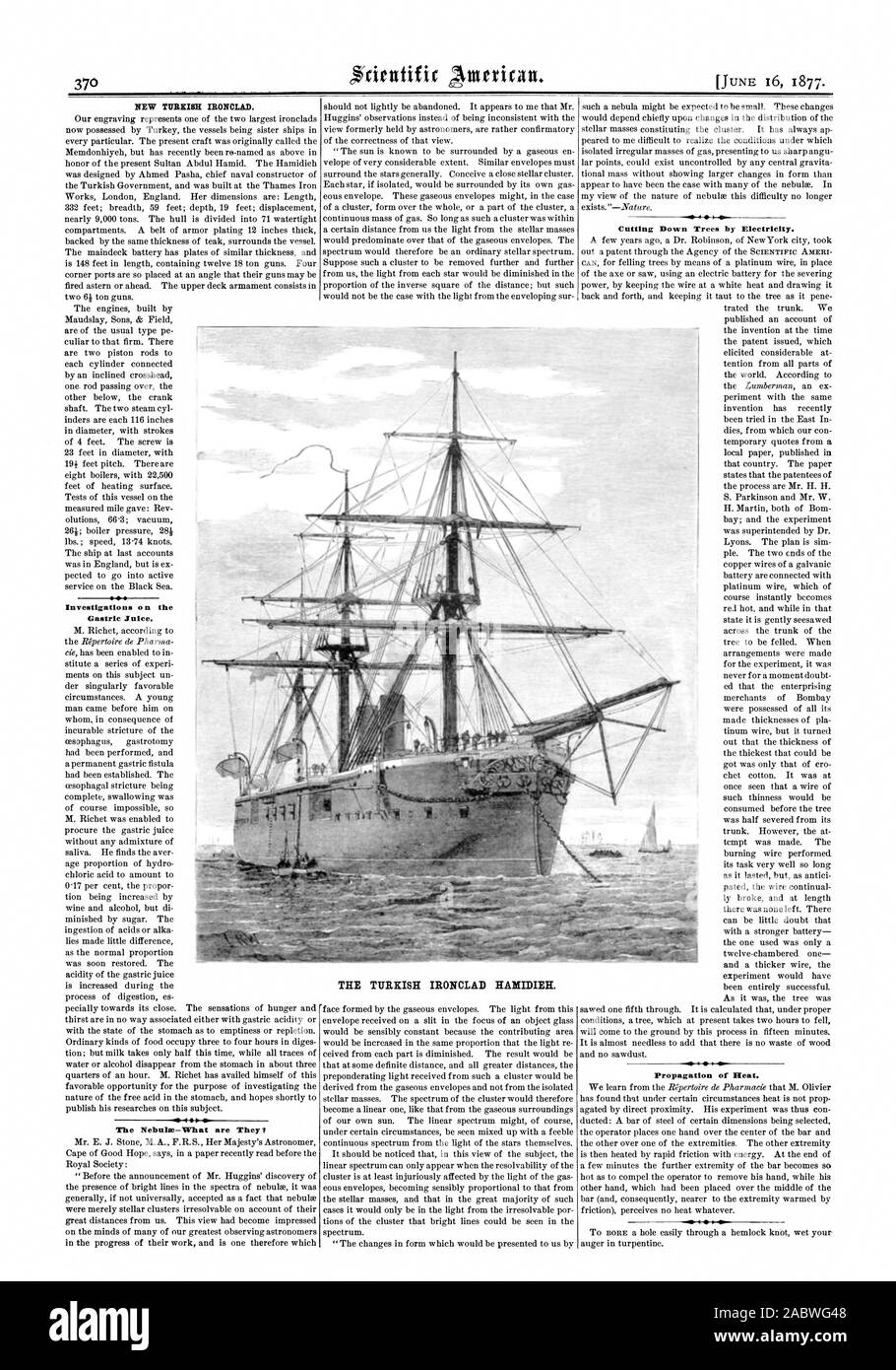NEW TURKISH CUIRASSÉ. Enquêtes sur le suc gastrique. Le Nebulse-Quels sont-ils ? Ainsi. La coupe d'arbres par l'électricité. Propagation de la chaleur. L'IRONCLAD TURC. HAILIDIEH, Scientific American, 1877-06-16 Banque D'Images