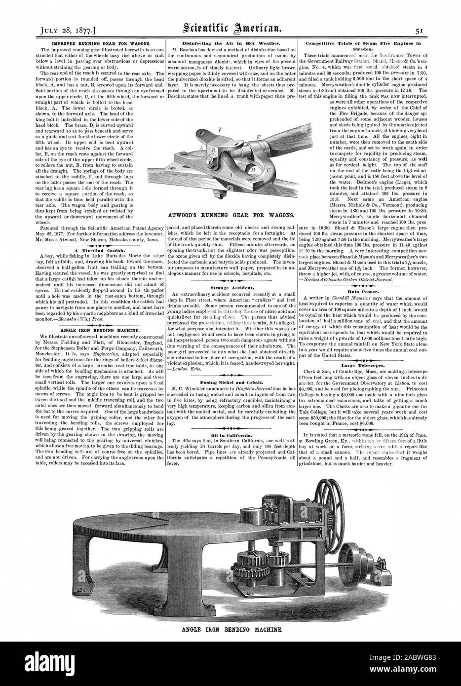 Matériel D'EXÉCUTION AMÉLIORÉE POUR LES WAGONS. Un Tin-Clad le poisson-chat. . MACHINE À PLIER LE FER d'angle. Étrange Accident. Fusing Nickel et Cobalt. L'huile dans la Californie. Des essais de compétition de pompiers à vapeur en Suède. Semeur de pluie. Le pouvoir. 410 -4 grands télescopes. La désinfection de l'air par temps chaud. ATWOOD EST POUR LES WAGONS DU TRAIN DE ROULEMENT. MACHINE À PLIER LE FER D'ANGLE, Scientific American, 1877-07-28 Banque D'Images