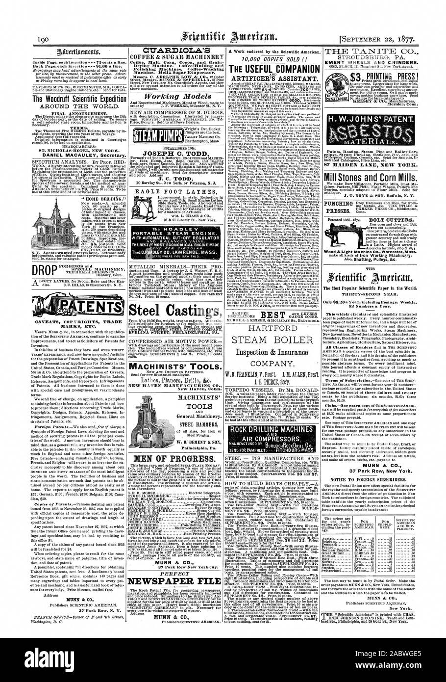 37 SUPPLÉMENT AMÉRICAIN Park Row Nouvelle LE SCIENTIFIQUE SCIEN et vingt New York. SCIENTIFIll abonnés étrangers. L'AMÉRICAIN. Louer. Alphabétisé SCIENTIFIQUE ENT. New York bard Ste. Philadelphie et New York 59, rue de l'or. 1877 SCIENTIFIC AMERICAN INC, 1877-09-22 Banque D'Images