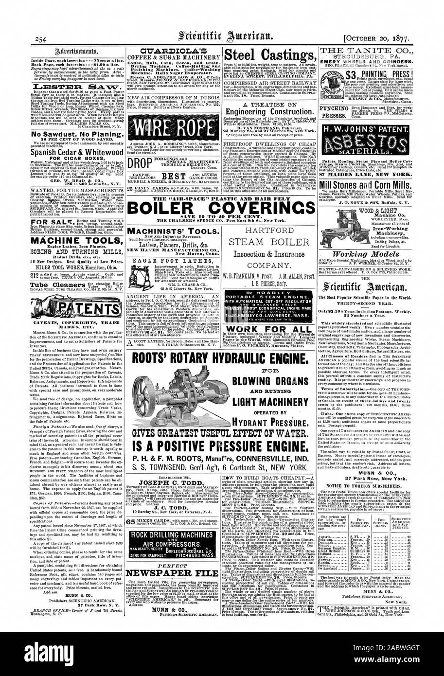 NEW YORK RACINES" DU MOTEUR HYDRAULIQUE ROTATIF. 7'01Re soufflé d'organes et de l'exécution de machines légères EXPLOITÉ PAR '  PRESSION D'INCENDIE. Accorde le plus d'EFFET UTILE DE L'EAU CP. La PRESSION POSITIVE EST UN MOTEUR. 57 MAIDEN LANE NEW YORK. Meules et moulins de maïs. Nous faisons des meules de moulins Burr Portable Charbon ma chines Packers Mill Picks Eau roues poulies et prépare spécialement adaptés à des moulins à farine. Pour envoyer un catalogue. 1877 SCIENTIFIC AMERICAN INC, 1877-10-20 Banque D'Images