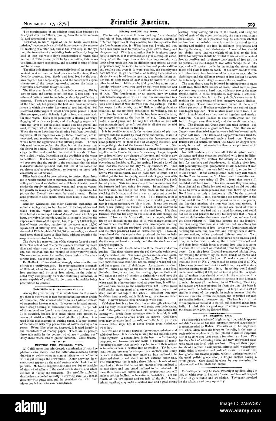 Le talc Mills à Saint Lawrence Comté. Fine dessin fil de platine. Pour égayer le fer. xing et la fonte d'un fer à repasser., Scientific American, 1877-11-17 Banque D'Images