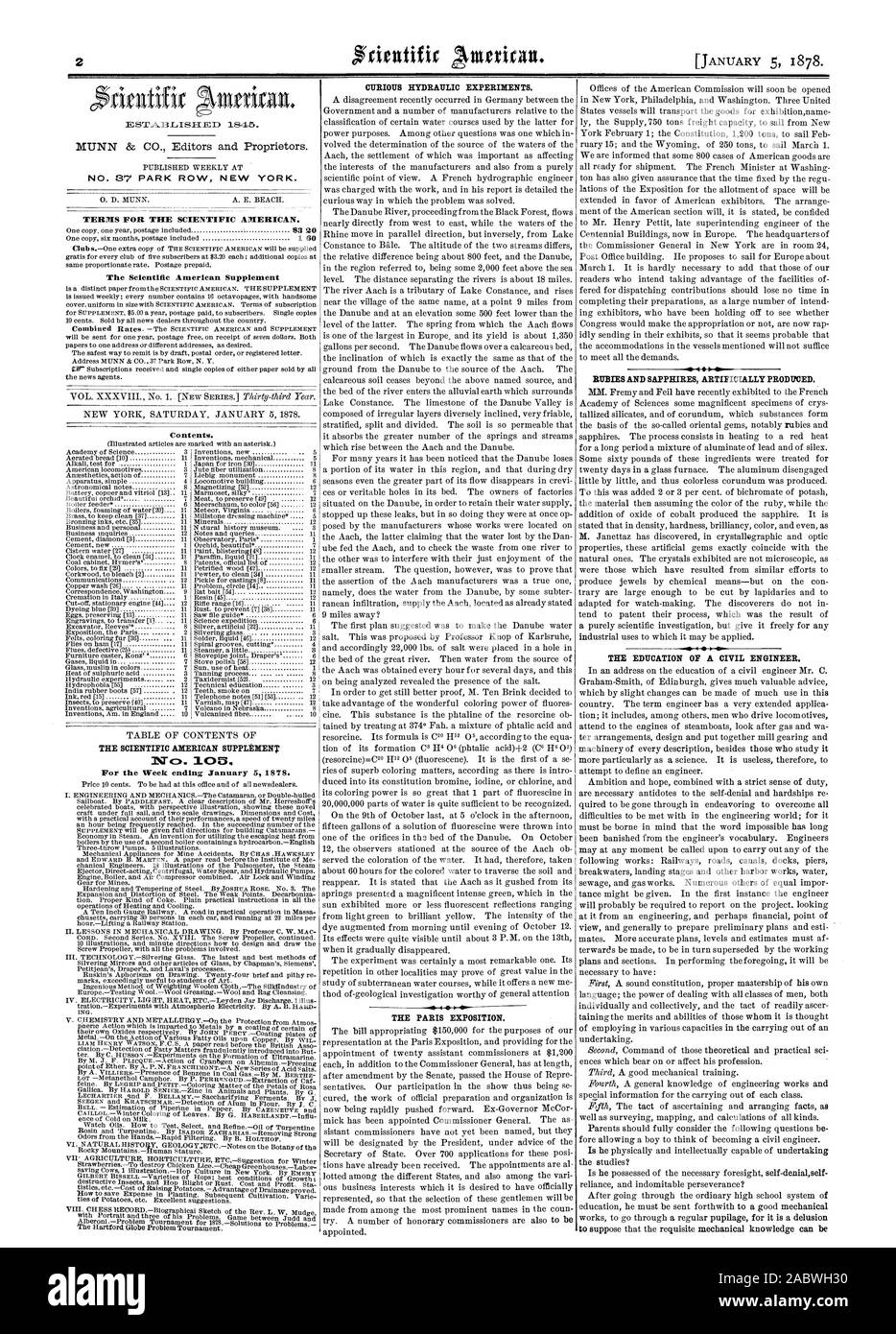 No 87 PARK ROW NEW YORK. Conditions POUR LE SCIENTIFIC AMERICAN. Le Scientific American Supplement hydraulique curieux des expériences. L'EXPOSITION DE PARIS. Rubis et saphirs produit artificiellement. L'ÉDUCATION D'UN INGÉNIEUR CIVIL. Table des matières. Le SCIENTIFIC AMERICAN SUPPLEMENT ATcs. MOO. Pour la semaine se terminant le 5 janvier 1878 1878-01-05,. Banque D'Images