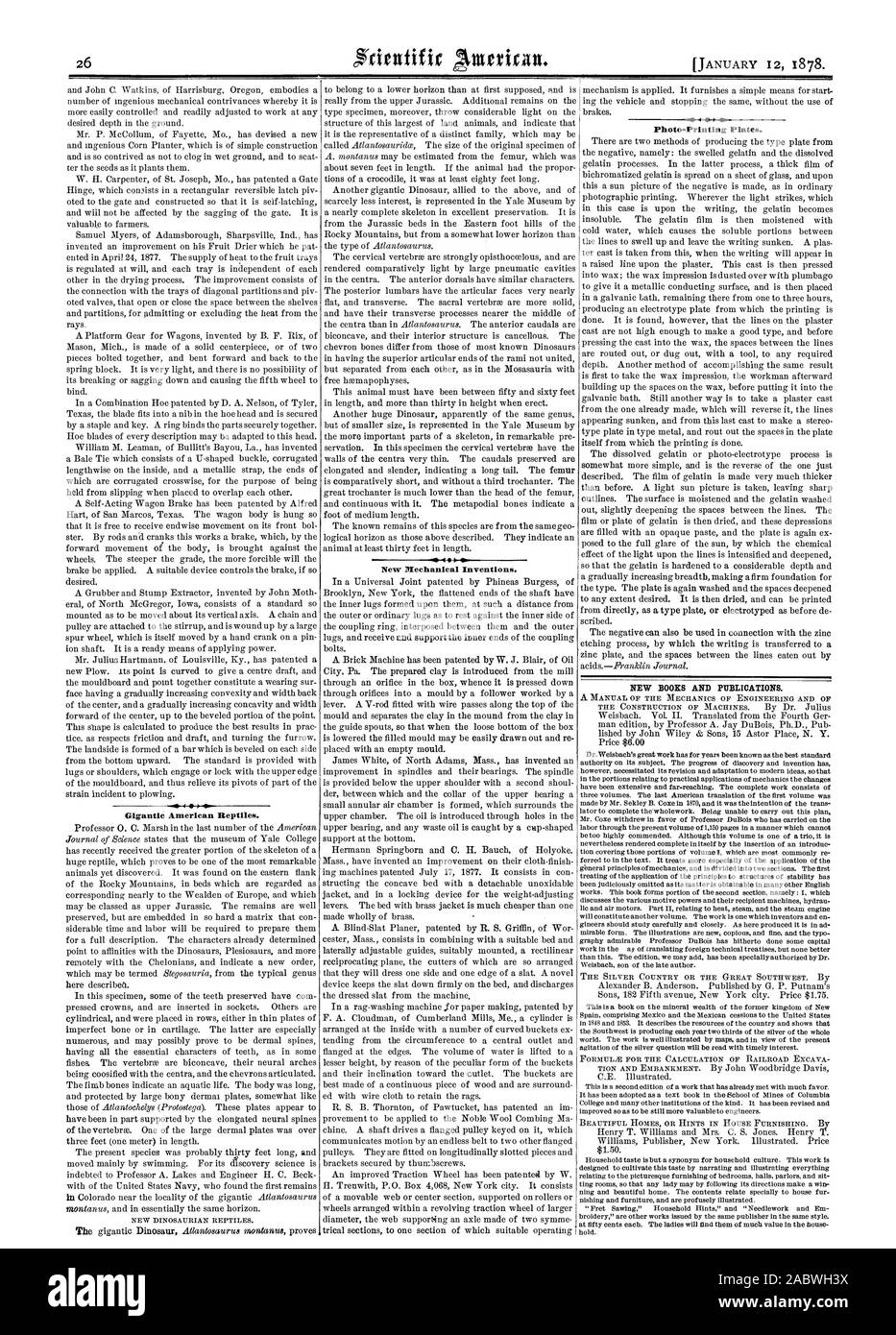 American Reptiles gigantesques. De nouvelles inventions mécaniques. Nouveaux LIVRES ET PUBLICATIONS., Scientific American, 1878-01-11 Banque D'Images