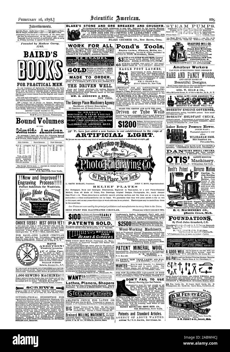16 février 1878. BLAKE'S STONE BREAKER ET DE MINERAI ET D'UN CONCASSEUR. Une nouvelle TAILLE POUR LA PROSPECTION ET LA BORATOR UTILISER IC. Retour Page chaque insertion $1.00 une ligne BRADFORD MILL C JE TRAVAILLE POUR TOUS LES OUTILS DE L'étang de Bahr Français meules de moulins à farine de maïs Portable & Machines charbon etc. général Forniehing Mill. CINCINNATI 0. J.R.StewartPrea. W.R.Donlapfles. BAIRD'S EAGLE TOURS À PIED Les travailleurs Amateur fait sur commande. De beaux dessins. Pratique pour les hommes. Le bien. J. P. BU EltKP.O. Box 079 osto n Plass WM. D. Andrews et FR. New York. La Place George Agence de Machines Machines chaque description. Moteur ROBERTS Banque D'Images