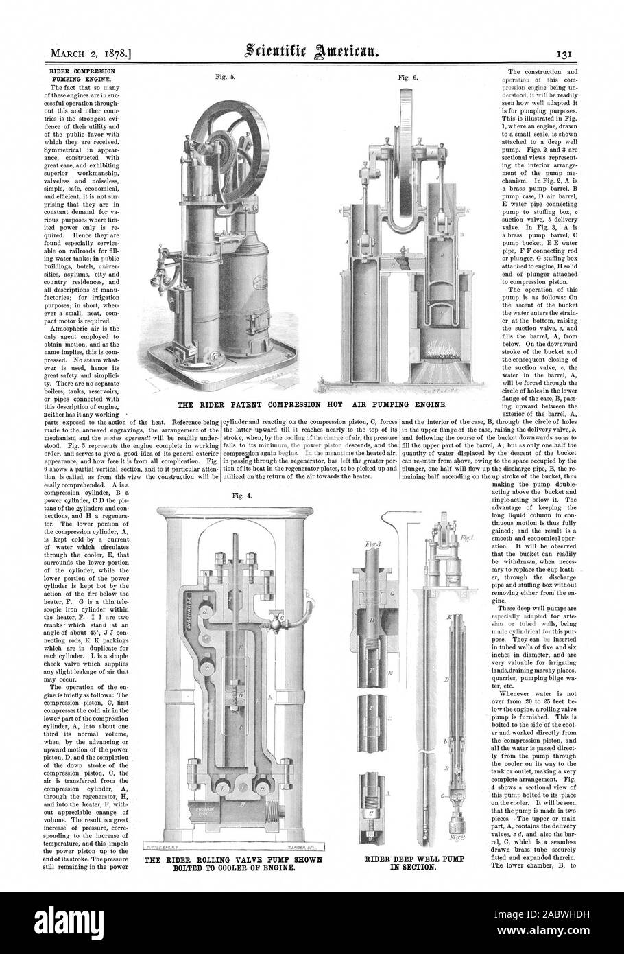 La COMPRESSION DU MOTEUR DE POMPAGE RIDER. Le CAVALIER DE LA COMPRESSION DE L'AIR CHAUD DES BREVETS DANS LA SECTION DE POMPAGE., Scientific American, 1878-03-02 Banque D'Images